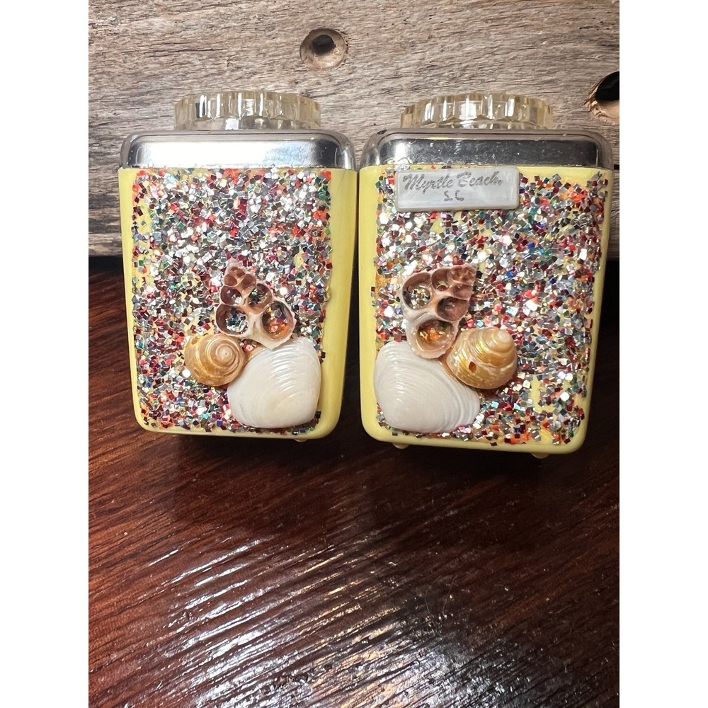 Vintage Yellow Myrtle Beach SC Salt and Pepper Shakers with Glitter and Shells